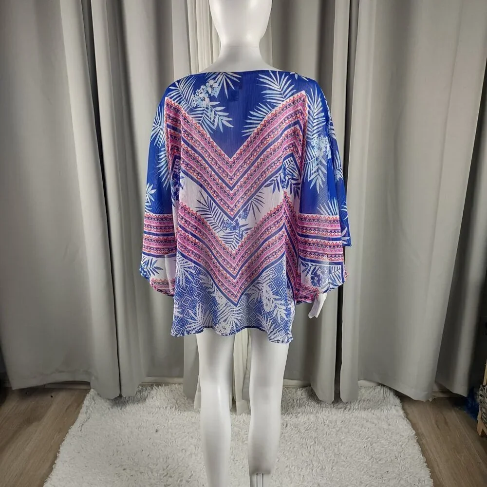 Ruby Rd Women's Blue, Pink, Tropical Chevon Chiffon Poncho Blouse, Top Size 2X - Picture 4 of 10